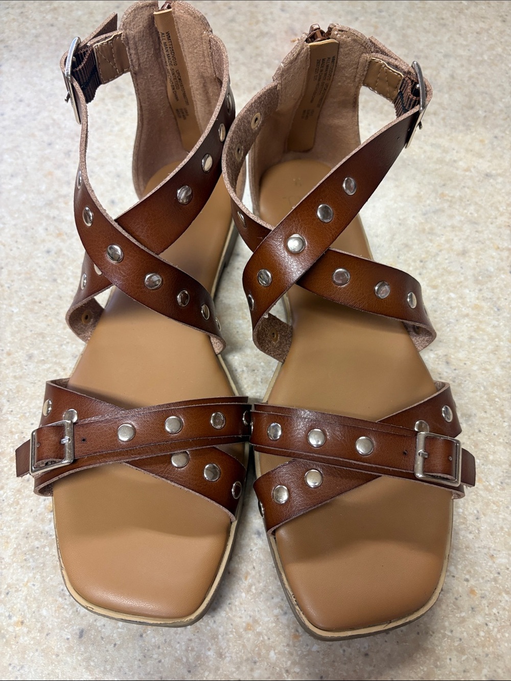 Time and Tru Brown Studded Crisscross Ankle Strap Sandals